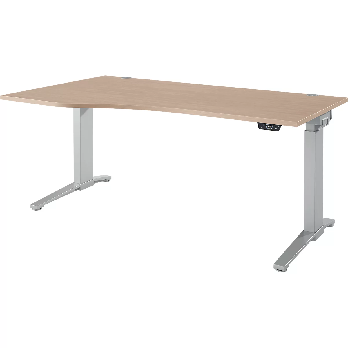 Schäfer Shop Genius Schreibtisch ERGOSTYLE S, elektrisch höhenverstellbar, einstufig, Ansatz links, C-Fuß, B 1800 x T 800/1000 x H 715-1182 mm, inkl. Memory Master, Eiche/weißaluminium
