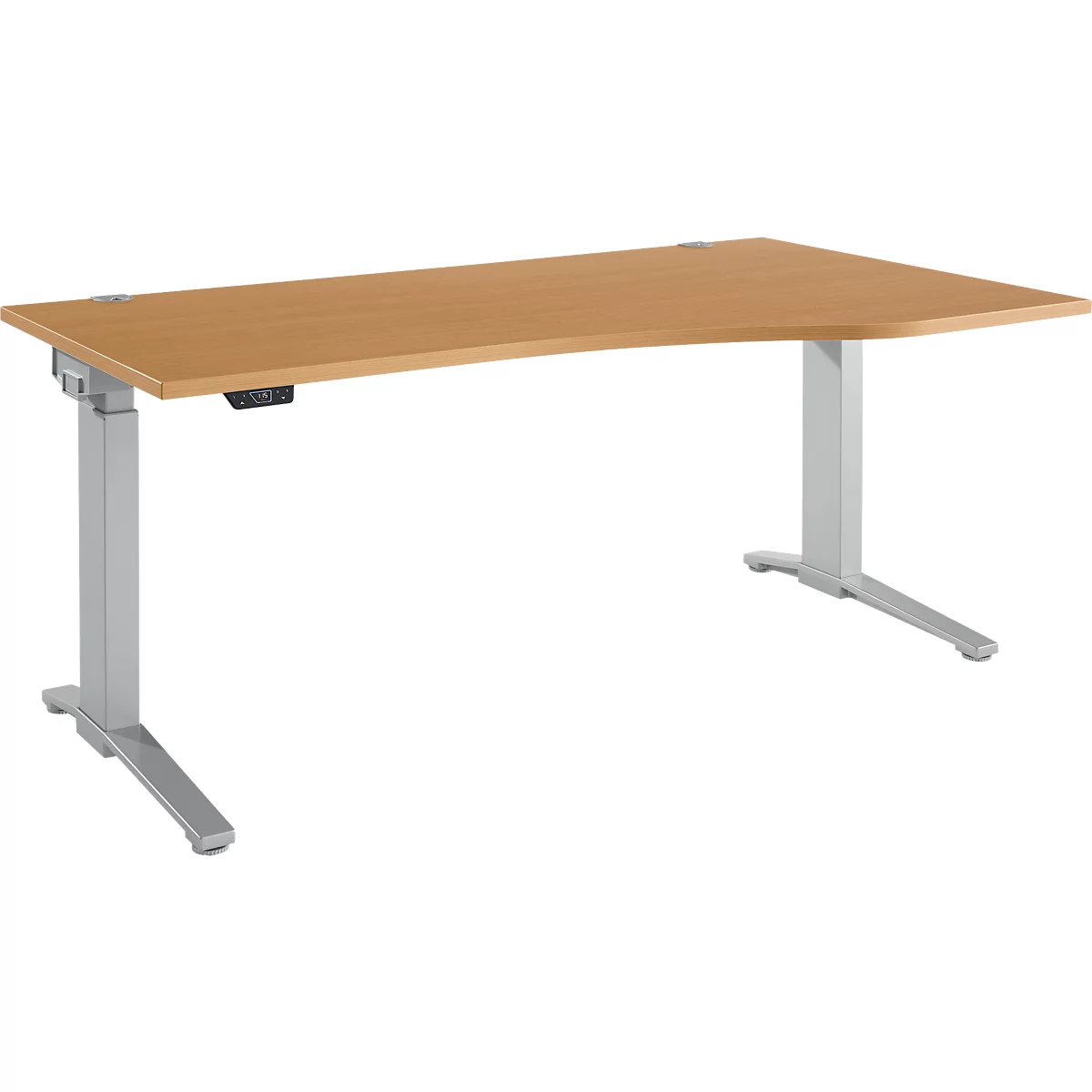 Schäfer Shop Genius Schreibtisch ERGOSTYLE S, elektrisch höhenverstellbar, einstufig, Ansatz rechts, C-Fuß, B 1800 x T 800/1000 x H 715-1182 mm, inkl. Memory Master, Buche/weißaluminium