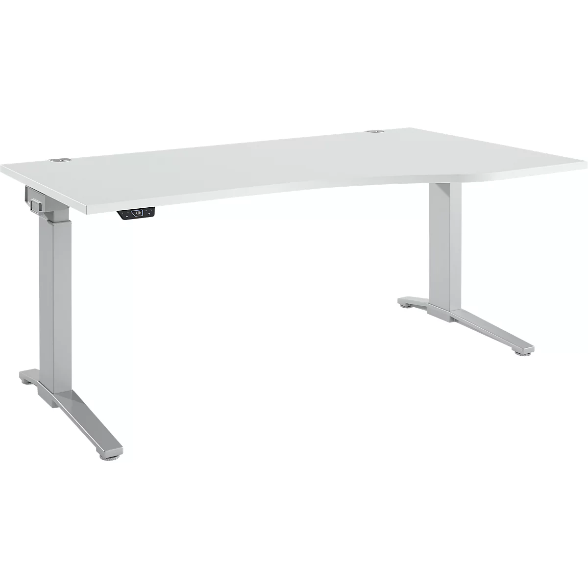 Schäfer Shop Genius Schreibtisch ERGOSTYLE S, elektrisch höhenverstellbar, einstufig, Ansatz rechts, C-Fuß, B 1800 x T 800/1000 x H 715-1182 mm, inkl. Memory Master, lichtgrau/weißaluminium