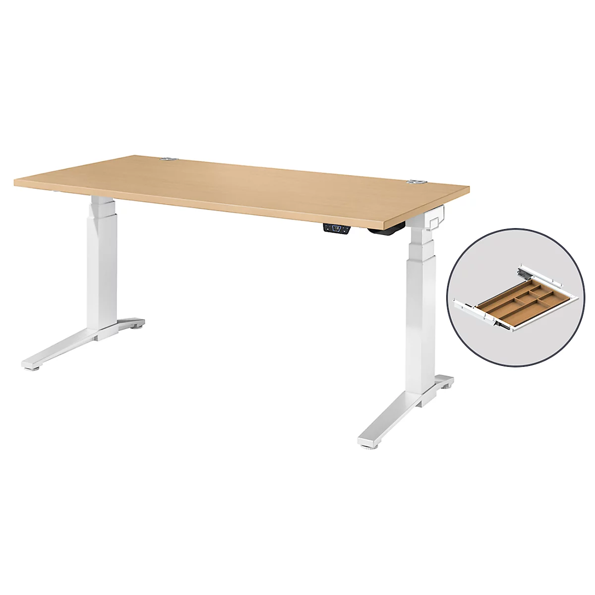Schäfer Shop Genius Schreibtisch ERGOSTYLE S, Rechteck, 2-stufig elektrisch höhenverstellbar, C-Fuß, B 1600 x T 800 x H 635-1305 mm, inkl. Memory Master + Schublade, Ahorn/weiß