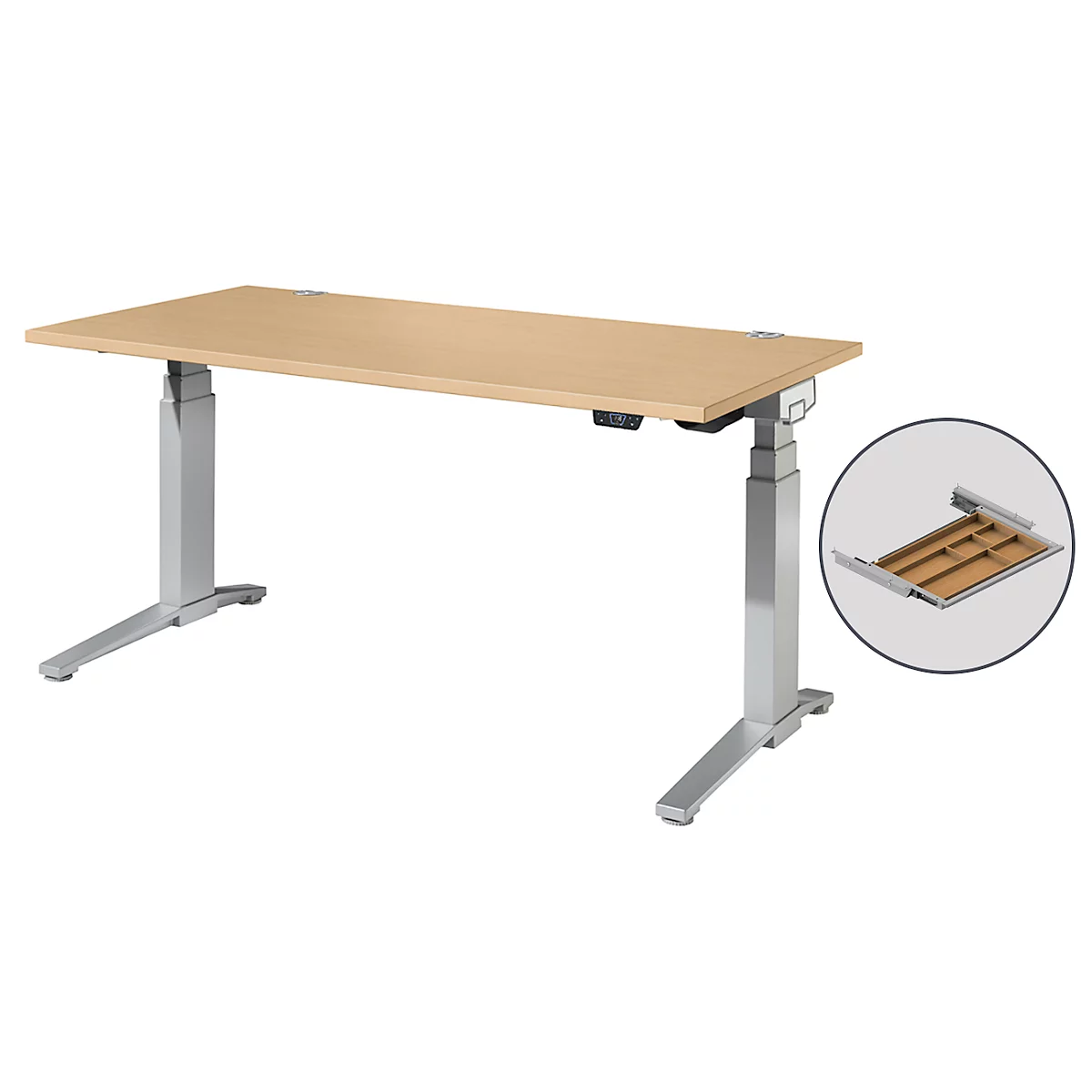 Schäfer Shop Genius Schreibtisch ERGOSTYLE S, Rechteck, 2-stufig elektrisch höhenverstellbar, C-Fuß, B 1600 x T 800 x H 635-1305 mm, inkl. Memory Master + Schublade, Ahorn/weißaluminium