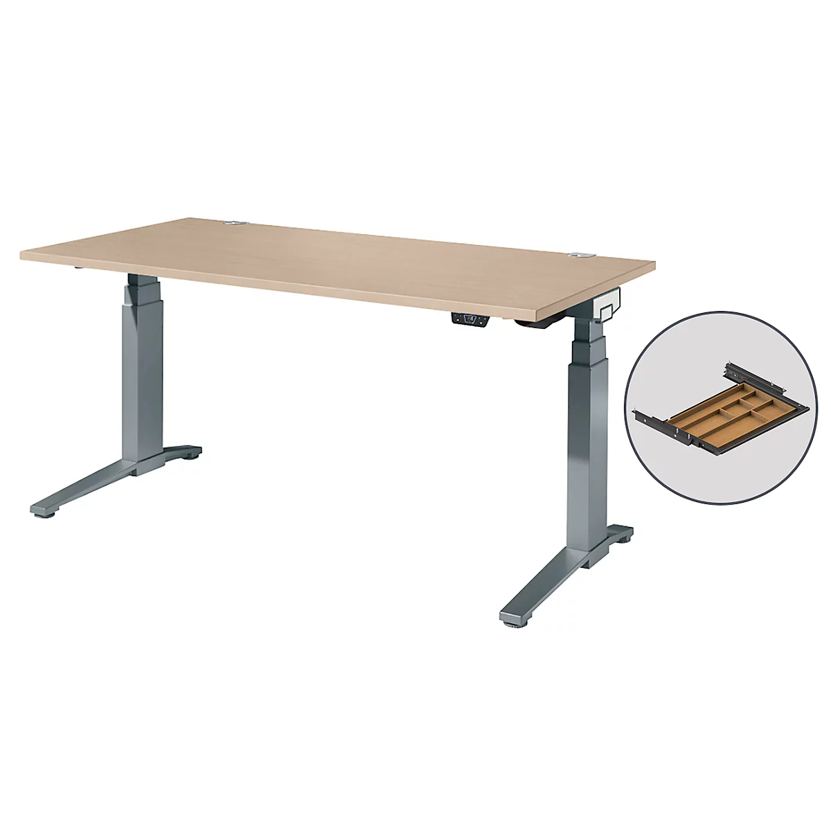 Schäfer Shop Genius Schreibtisch ERGOSTYLE S, Rechteck, 2-stufig elektrisch höhenverstellbar, C-Fuß, B 1600 x T 800 x H 635-1305 mm, inkl. Memory Master + Schublade, Eiche/anthrazit