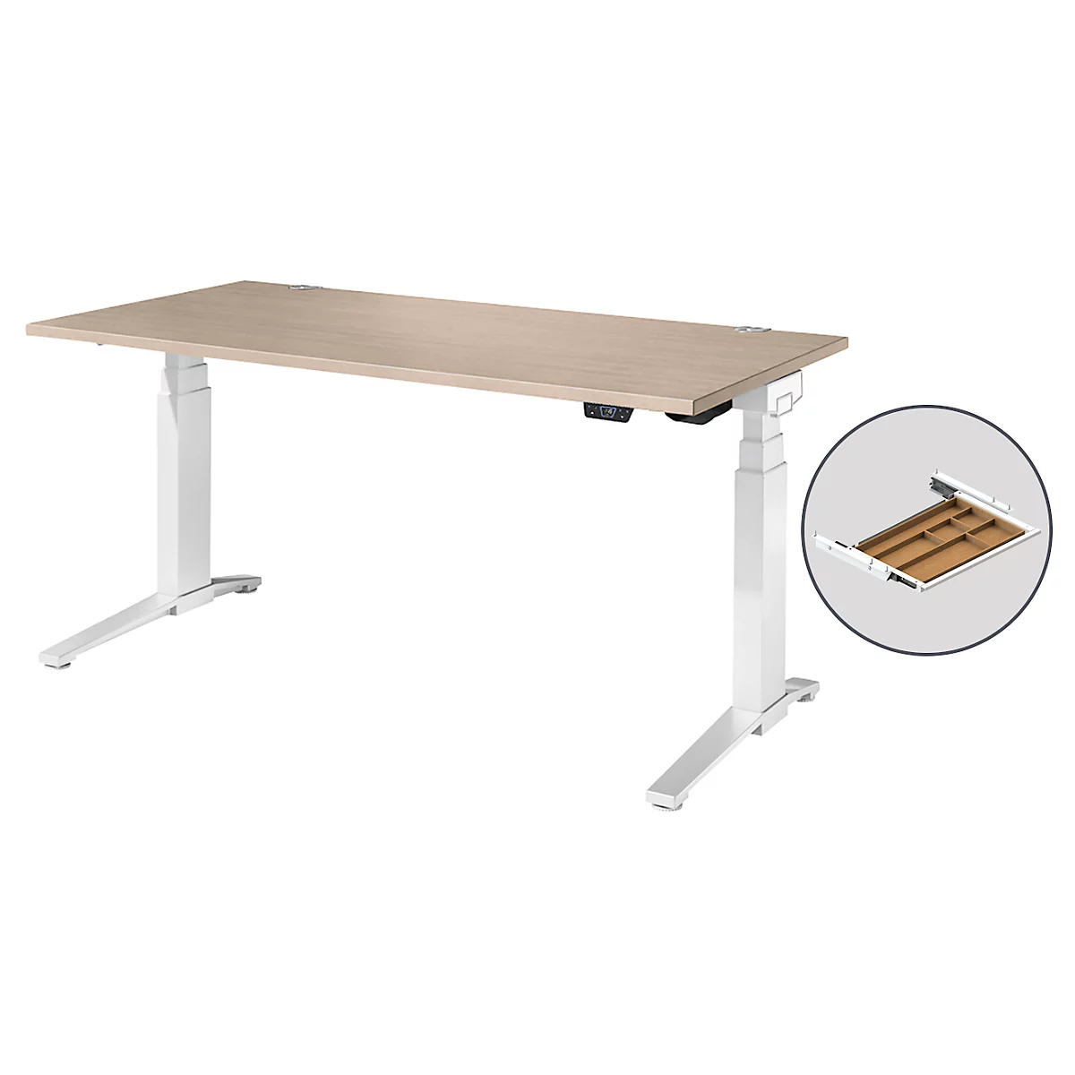 Schäfer Shop Genius Schreibtisch ERGOSTYLE S, Rechteck, 2-stufig elektrisch höhenverstellbar, C-Fuß, B 1600 x T 800 x H 635-1305 mm, inkl. Memory Master + Schublade, Eiche/weiß