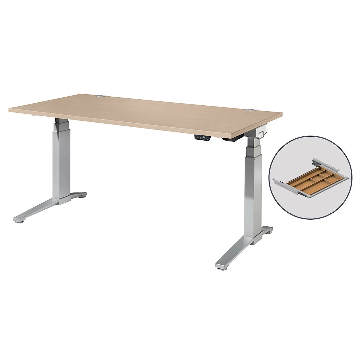 Schäfer Shop Genius Schreibtisch ERGOSTYLE S, Rechteck, 2-stufig elektrisch höhenverstellbar, C-Fuß, B 1600 x T 800 x H 635-1305 mm, inkl. Memory Master + Schublade, Eiche/weißaluminium
