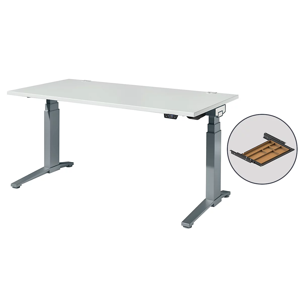 Schäfer Shop Genius Schreibtisch ERGOSTYLE S, Rechteck, 2-stufig elektrisch höhenverstellbar, C-Fuß, B 1600 x T 800 x H 635-1305 mm, inkl. Memory Master + Schublade, lichtgrau/anthrazit