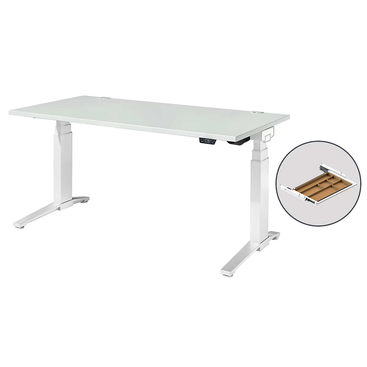 Schäfer Shop Genius Schreibtisch ERGOSTYLE S, Rechteck, 2-stufig elektrisch höhenverstellbar, C-Fuß, B 1600 x T 800 x H 635-1305 mm, inkl. Memory Master + Schublade, lichtgrau/weiß