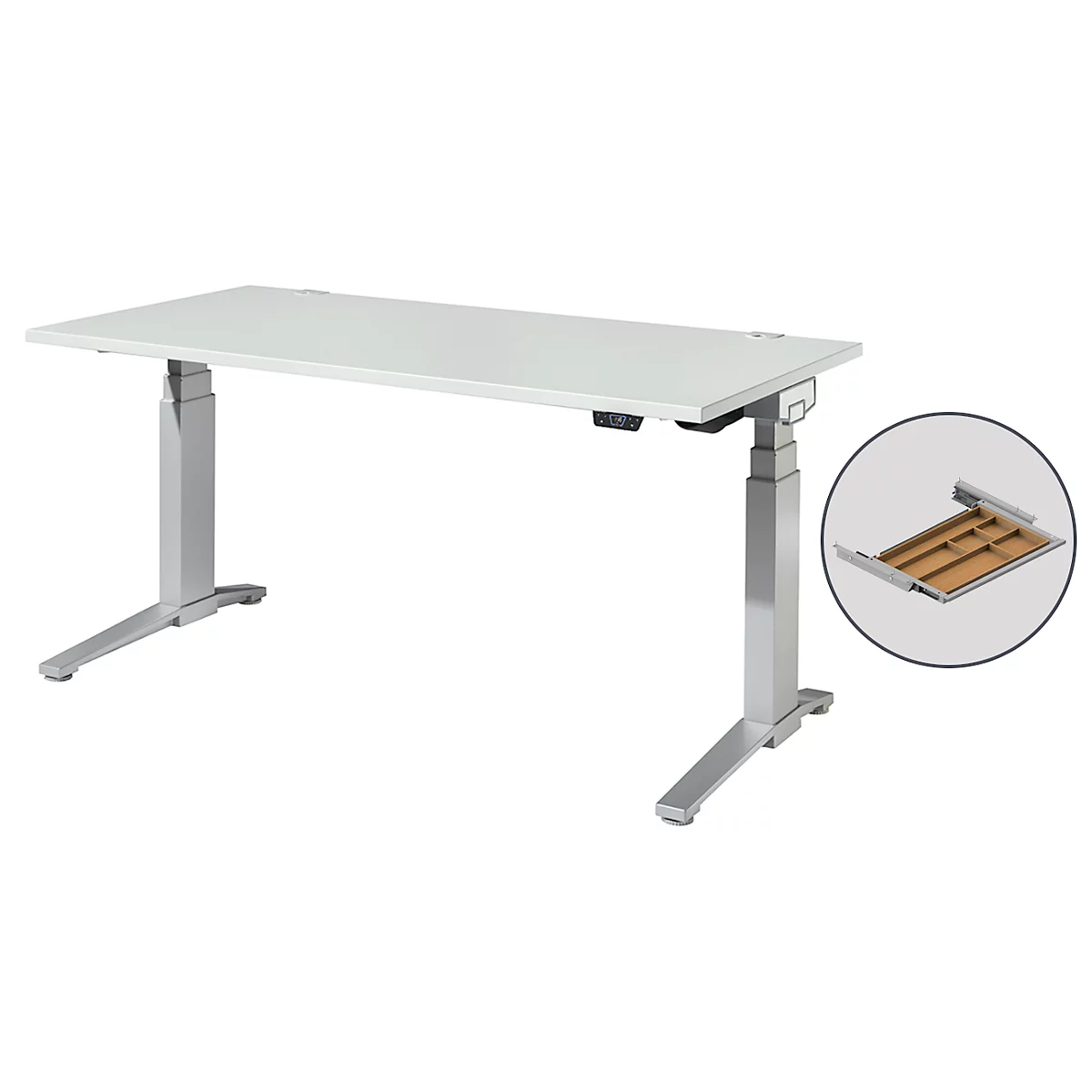 Schäfer Shop Genius Schreibtisch ERGOSTYLE S, Rechteck, 2-stufig elektrisch höhenverstellbar, C-Fuß, B 1600 x T 800 x H 635-1305 mm, inkl. Memory Master + Schublade, lichtgrau/weißaluminium