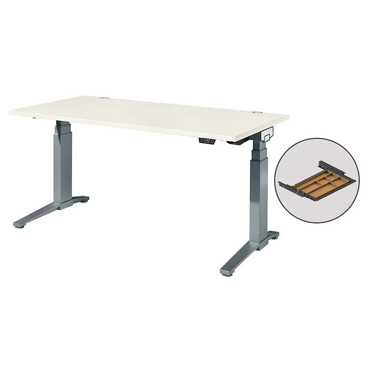 Schäfer Shop Genius Schreibtisch ERGOSTYLE S, Rechteck, 2-stufig elektrisch höhenverstellbar, C-Fuß, B 1600 x T 800 x H 635-1305 mm, inkl. Memory Master + Schublade, weiß/anthrazit