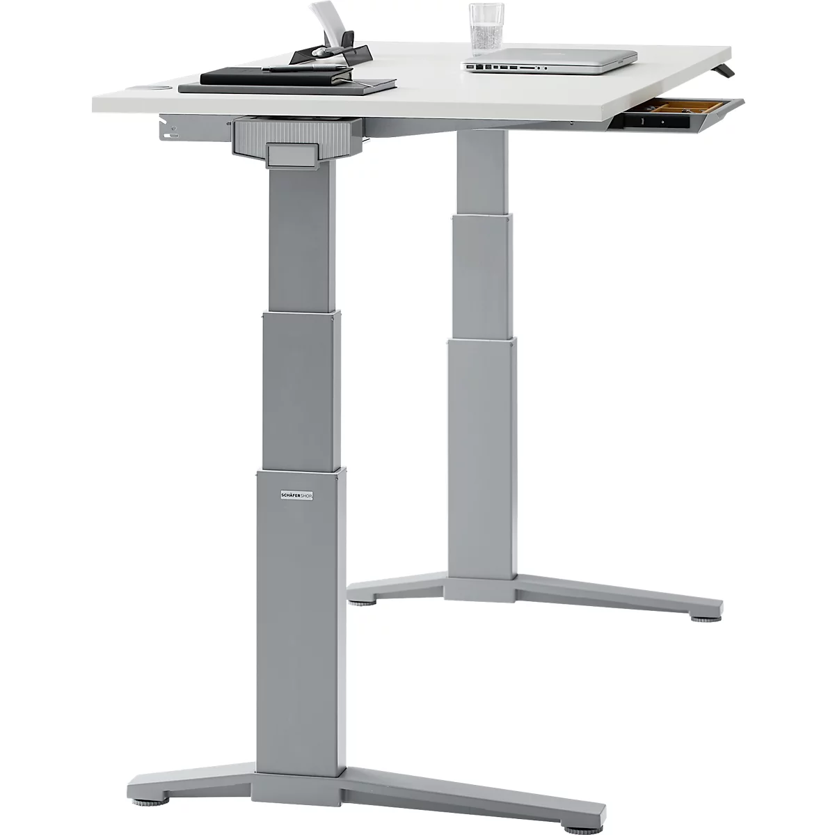 Schäfer Shop Genius Schreibtisch ERGOSTYLE S, Rechteck, 2-stufig elektrisch höhenverstellbar, C-Fuß, B 1600 x T 800 x H 635-1305 mm, inkl. Memory Master + Schublade, weiß/weißaluminium