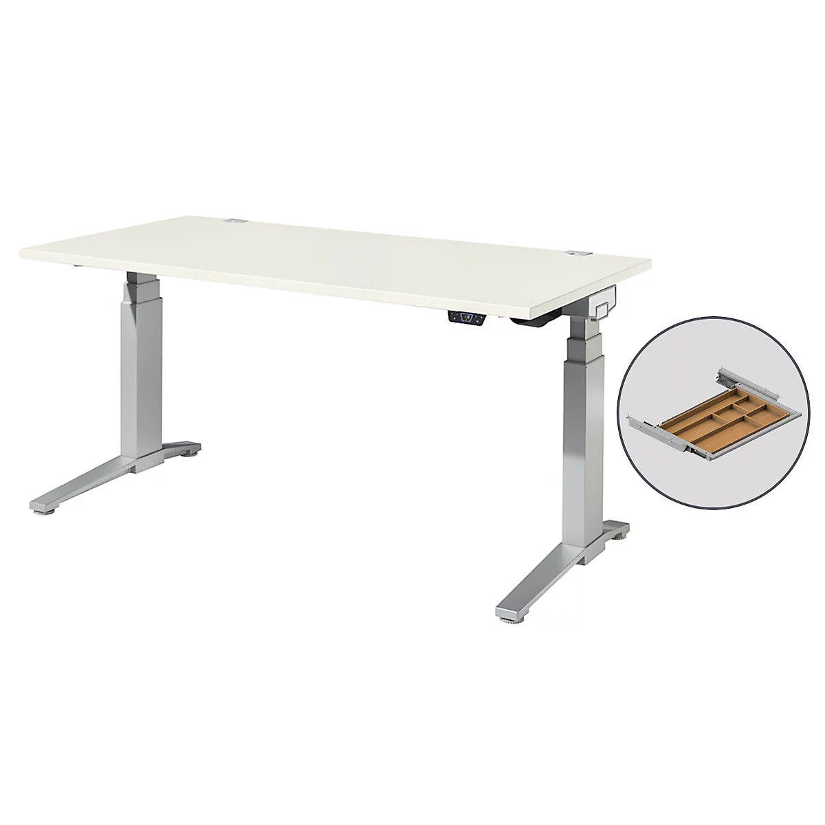 Schäfer Shop Genius Schreibtisch ERGOSTYLE S, Rechteck, 2-stufig elektrisch höhenverstellbar, C-Fuß, B 1600 x T 800 x H 635-1305 mm, inkl. Memory Master + Schublade, weiß/weißaluminium