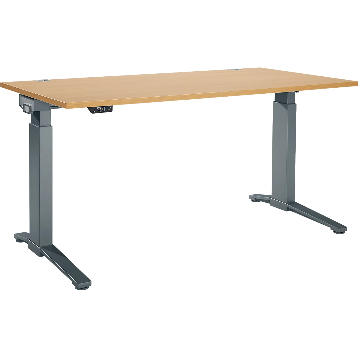 Schäfer Shop Genius Schreibtisch ERGOSTYLE S, Rechteck, elektrisch höhenverstellbar, einstufig, C-Fuß, B 1600 x T 800 x H 715-1182 mm, inkl. Memory Master, Buche/anthrazit
