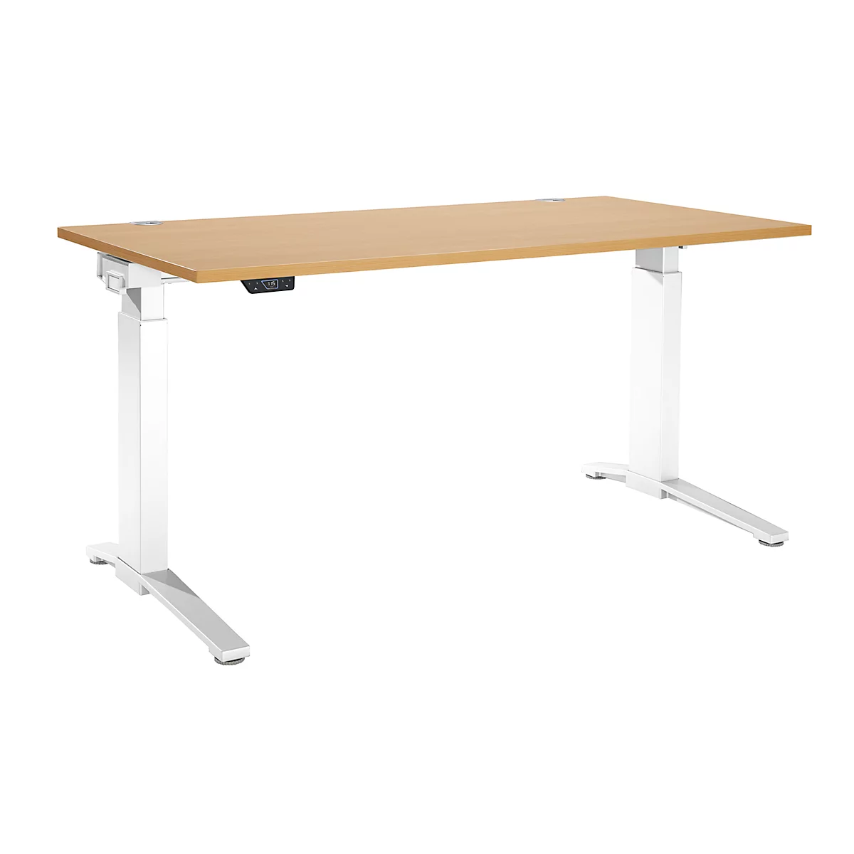 Schäfer Shop Genius Schreibtisch ERGOSTYLE S, Rechteck, elektrisch höhenverstellbar, einstufig, C-Fuß, B 1600 x T 800 x H 715-1182 mm, inkl. Memory Master, Buche/weiß