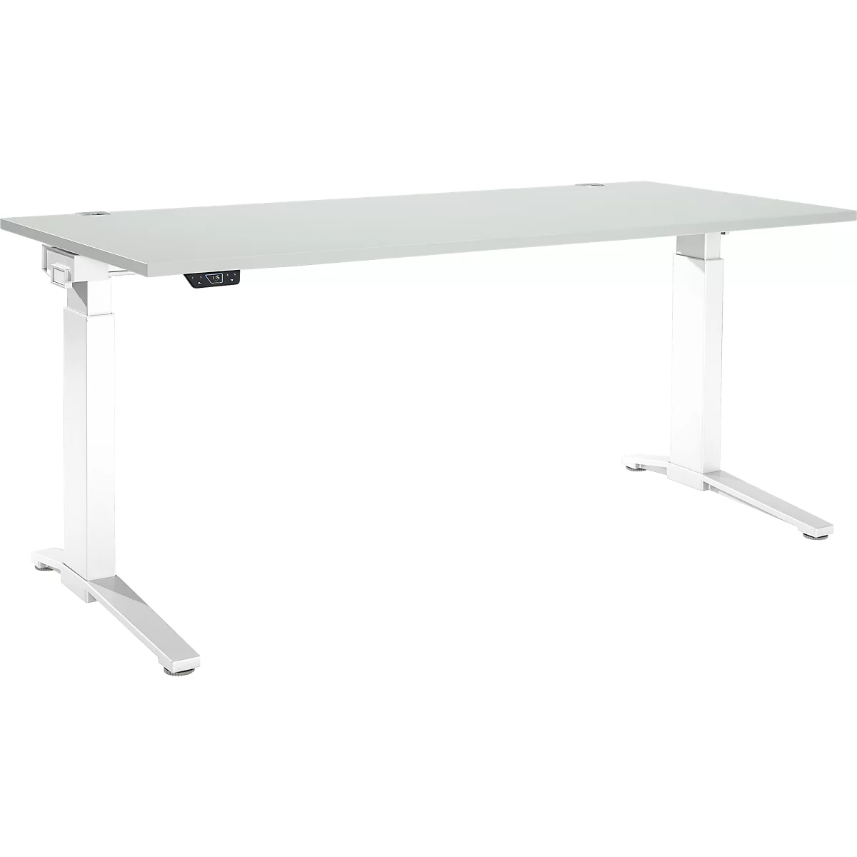 Schäfer Shop Genius Schreibtisch ERGOSTYLE S, Rechteck, elektrisch höhenverstellbar, einstufig, C-Fuß, B 1800 x T 800 x H 715-1182 mm, inkl. Memory Master, lichtgrau/weiß