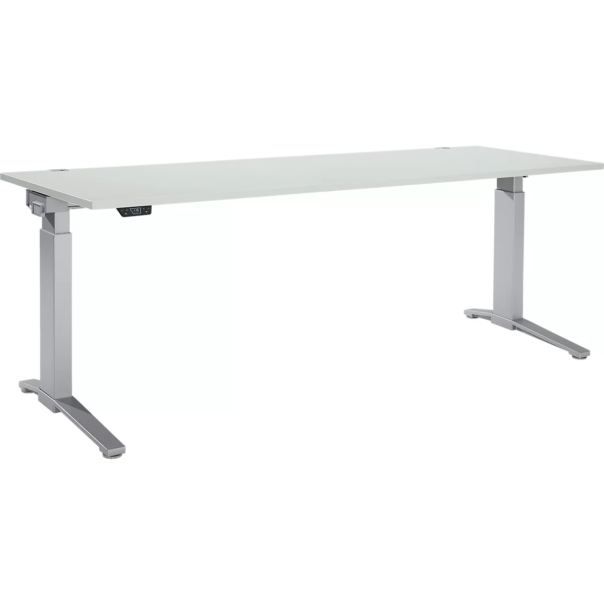 Schäfer Shop Genius Schreibtisch ERGOSTYLE S, Rechteck, elektrisch höhenverstellbar, einstufig, C-Fuß, B 2000 x T 800 x H 715-1182 mm, inkl. Memory Master, lichtgrau/weißaluminium