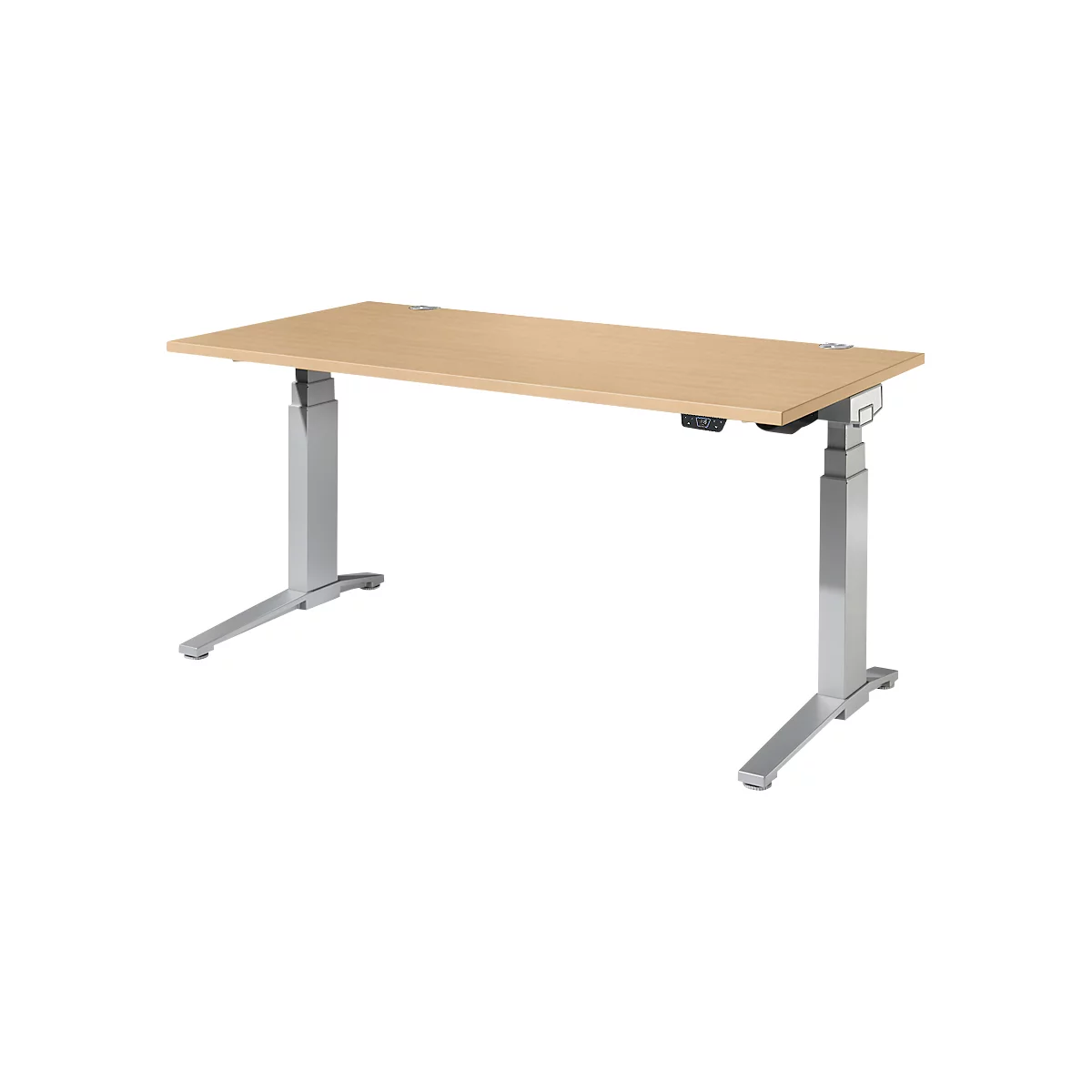 Schäfer Shop Genius Schreibtisch ERGOSTYLE S, Rechteck, elektrisch höhenverstellbar, zweistufig, C-Fuß, B 1600 x T 800 x H 635-1305 mm, inkl. Memory Master, Ahorn/weißaluminium