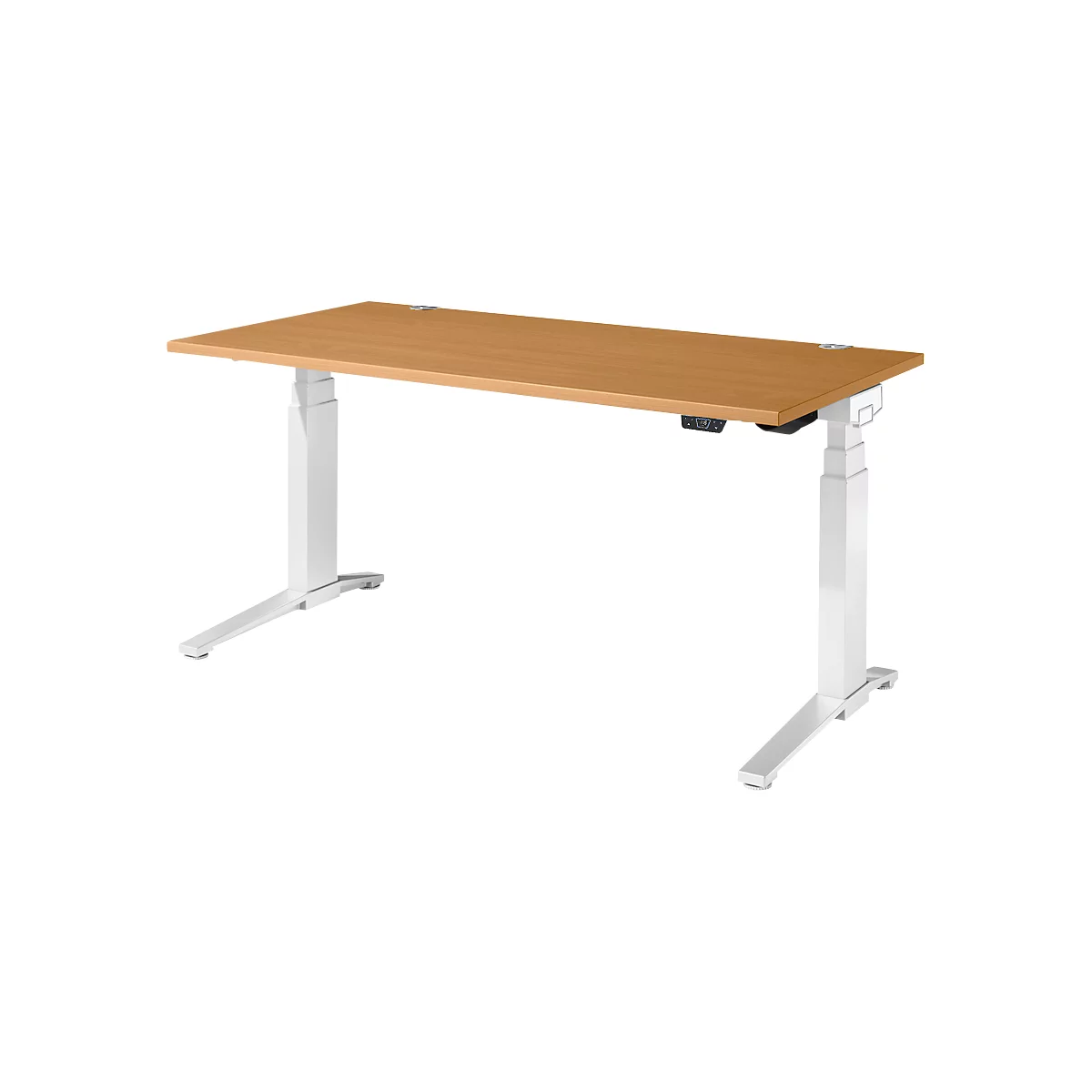 Schäfer Shop Genius Schreibtisch ERGOSTYLE S, Rechteck, elektrisch höhenverstellbar, zweistufig, C-Fuß, B 1600 x T 800 x H 635-1305 mm, inkl. Memory Master, Buche/weiß