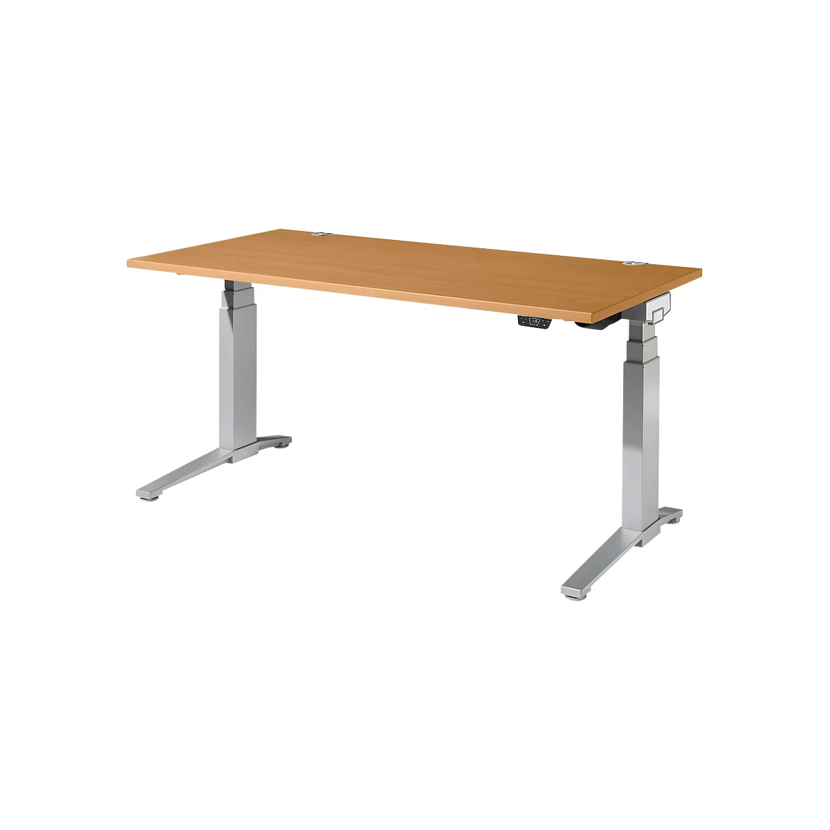 Schäfer Shop Genius Schreibtisch ERGOSTYLE S, Rechteck, elektrisch höhenverstellbar, zweistufig, C-Fuß, B 1600 x T 800 x H 635-1305 mm, inkl. Memory Master, Buche/weißaluminium