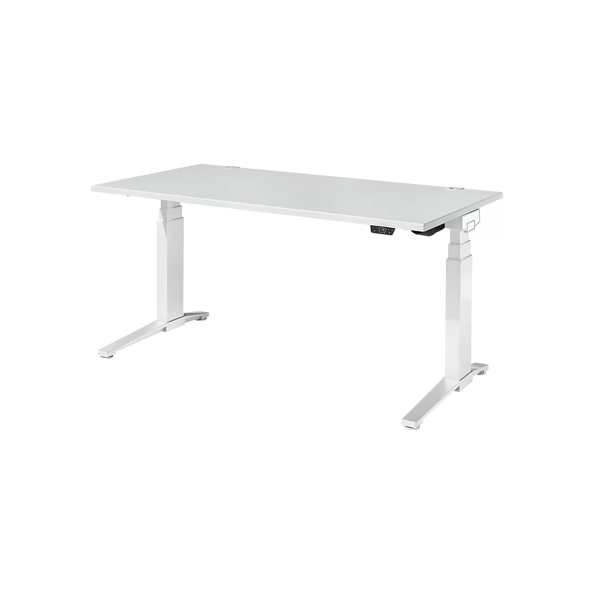 Schäfer Shop Genius Schreibtisch ERGOSTYLE S, Rechteck, elektrisch höhenverstellbar, zweistufig, C-Fuß, B 1600 x T 800 x H 635-1305 mm, inkl. Memory Master, lichtgrau/weiß