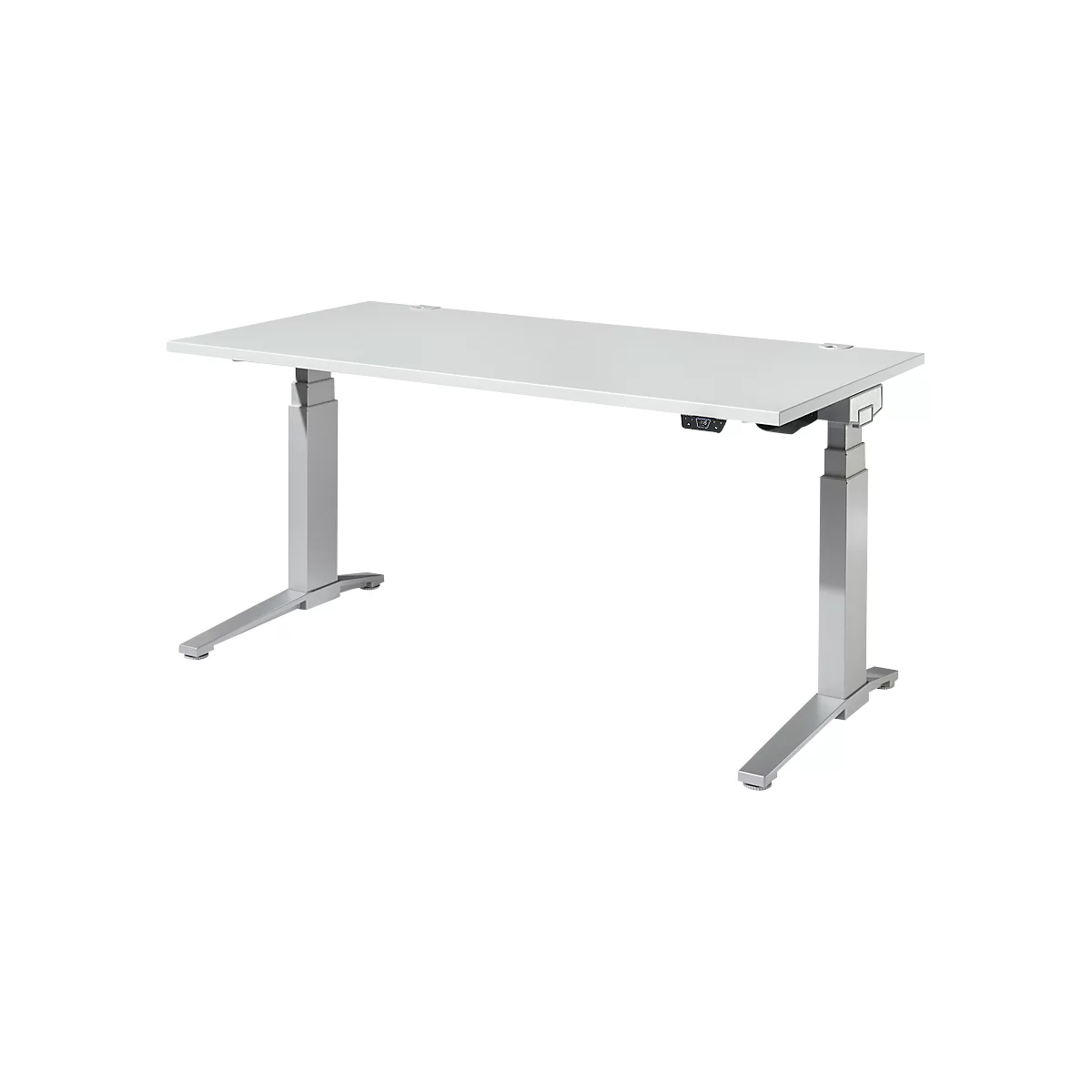 Schäfer Shop Genius Schreibtisch ERGOSTYLE S, Rechteck, elektrisch höhenverstellbar, zweistufig, C-Fuß, B 1600 x T 800 x H 635-1305 mm, inkl. Memory Master, lichtgrau/weißaluminium
