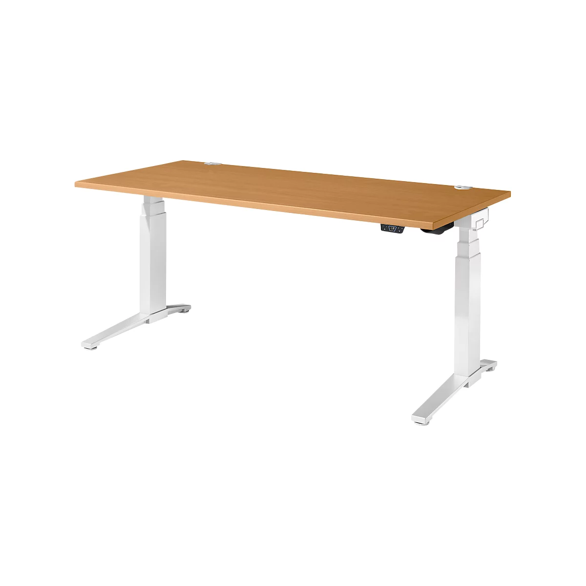 Schäfer Shop Genius Schreibtisch ERGOSTYLE S, Rechteck, elektrisch höhenverstellbar, zweistufig, C-Fuß, B 1800 x T 800 x H 635-1305 mm, inkl. Memory Master, Buche/weiß