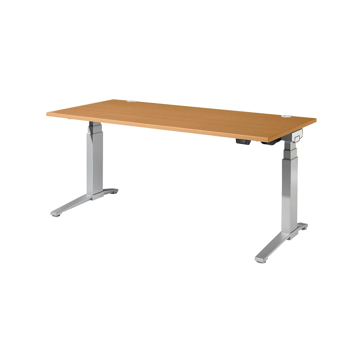 Schäfer Shop Genius Schreibtisch ERGOSTYLE S, Rechteck, elektrisch höhenverstellbar, zweistufig, C-Fuß, B 1800 x T 800 x H 635-1305 mm, inkl. Memory Master, Buche/weißaluminium