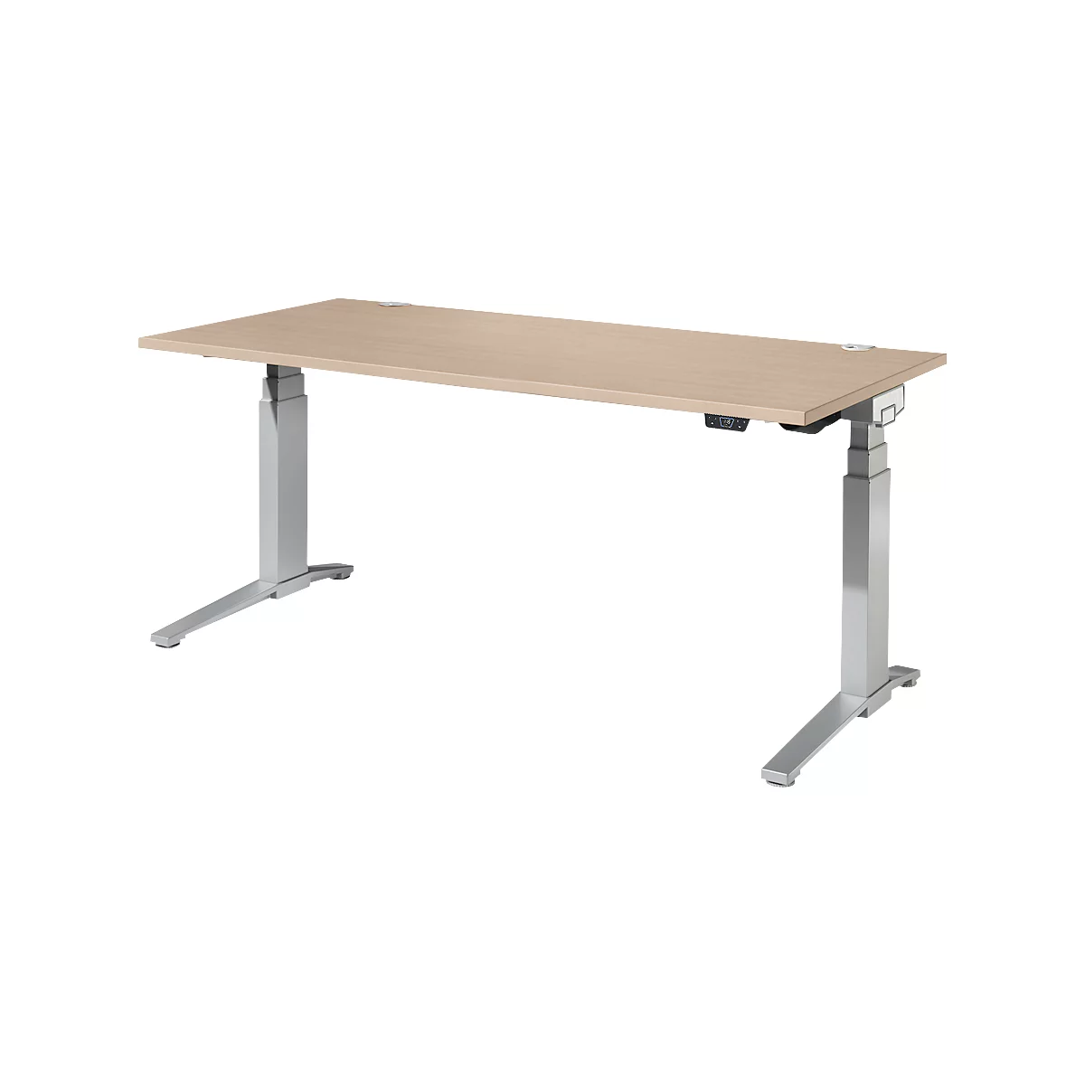 Schäfer Shop Genius Schreibtisch ERGOSTYLE S, Rechteck, elektrisch höhenverstellbar, zweistufig, C-Fuß, B 1800 x T 800 x H 635-1305 mm, inkl. Memory Master, Eiche/weißaluminium