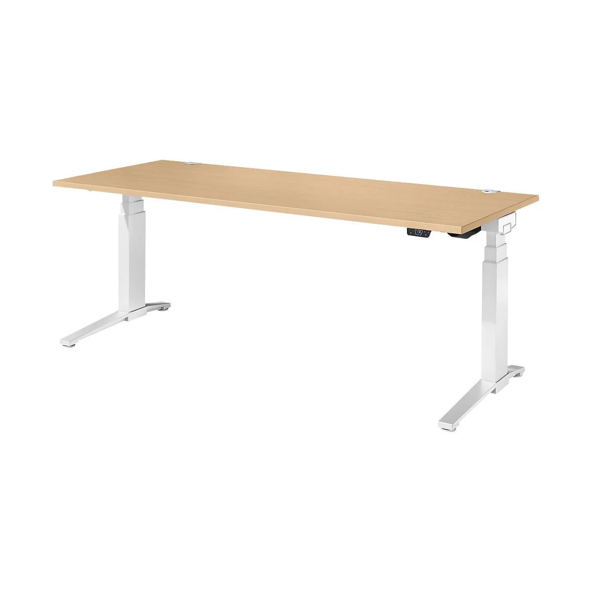 Schäfer Shop Genius Schreibtisch ERGOSTYLE S, Rechteck, elektrisch höhenverstellbar, zweistufig, C-Fuß, B 2000 x T 800 x H 635-1305 mm, inkl. Memory Master, Ahorn/weiß