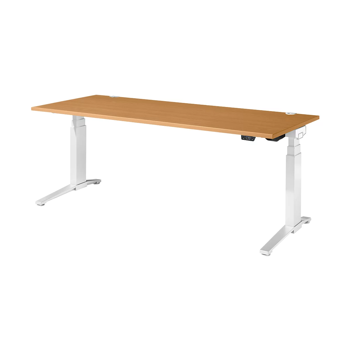 Schäfer Shop Genius Schreibtisch ERGOSTYLE S, Rechteck, elektrisch höhenverstellbar, zweistufig, C-Fuß, B 2000 x T 800 x H 635-1305 mm, inkl. Memory Master, Buche/weiß