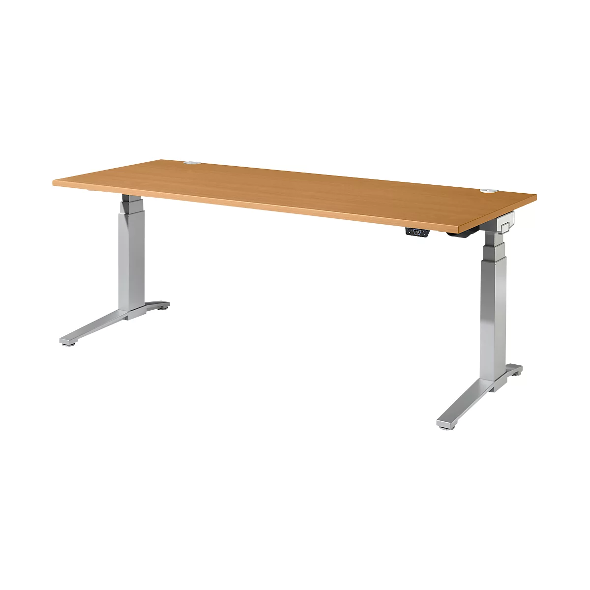 Schäfer Shop Genius Schreibtisch ERGOSTYLE S, Rechteck, elektrisch höhenverstellbar, zweistufig, C-Fuß, B 2000 x T 800 x H 635-1305 mm, inkl. Memory Master, Buche/weißaluminium