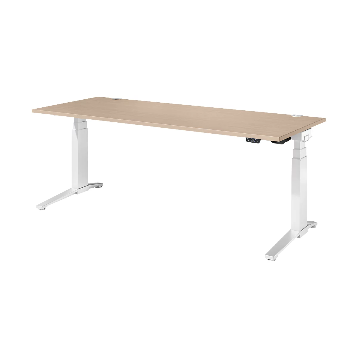 Schäfer Shop Genius Schreibtisch ERGOSTYLE S, Rechteck, elektrisch höhenverstellbar, zweistufig, C-Fuß, B 2000 x T 800 x H 635-1305 mm, inkl. Memory Master, Eiche/weiß