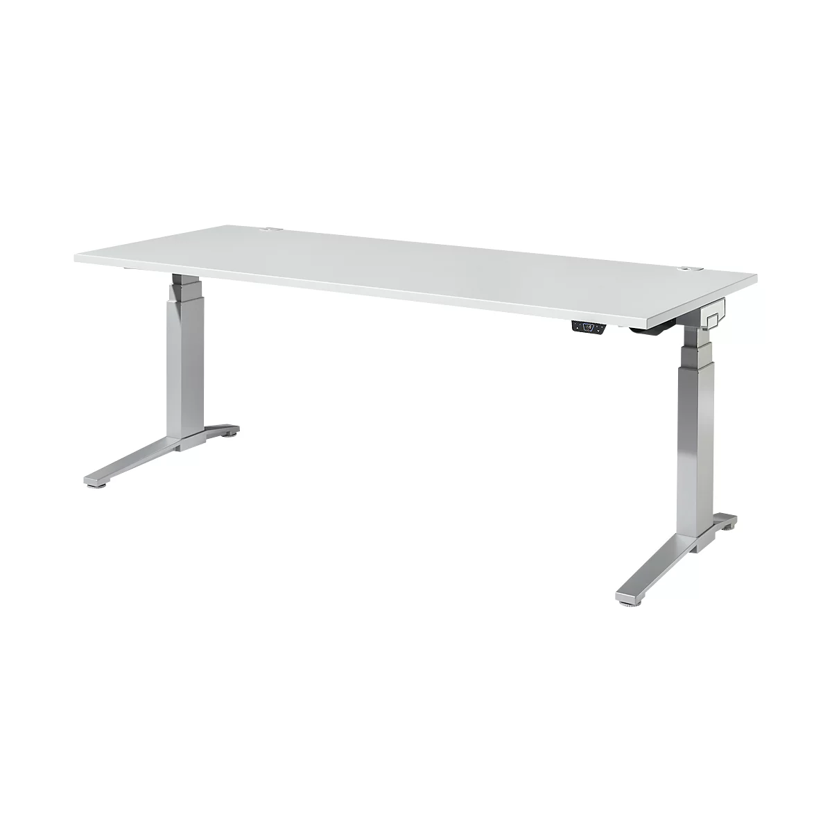 Schäfer Shop Genius Schreibtisch ERGOSTYLE S, Rechteck, elektrisch höhenverstellbar, zweistufig, C-Fuß, B 2000 x T 800 x H 635-1305 mm, inkl. Memory Master, lichtgrau/weißaluminium
