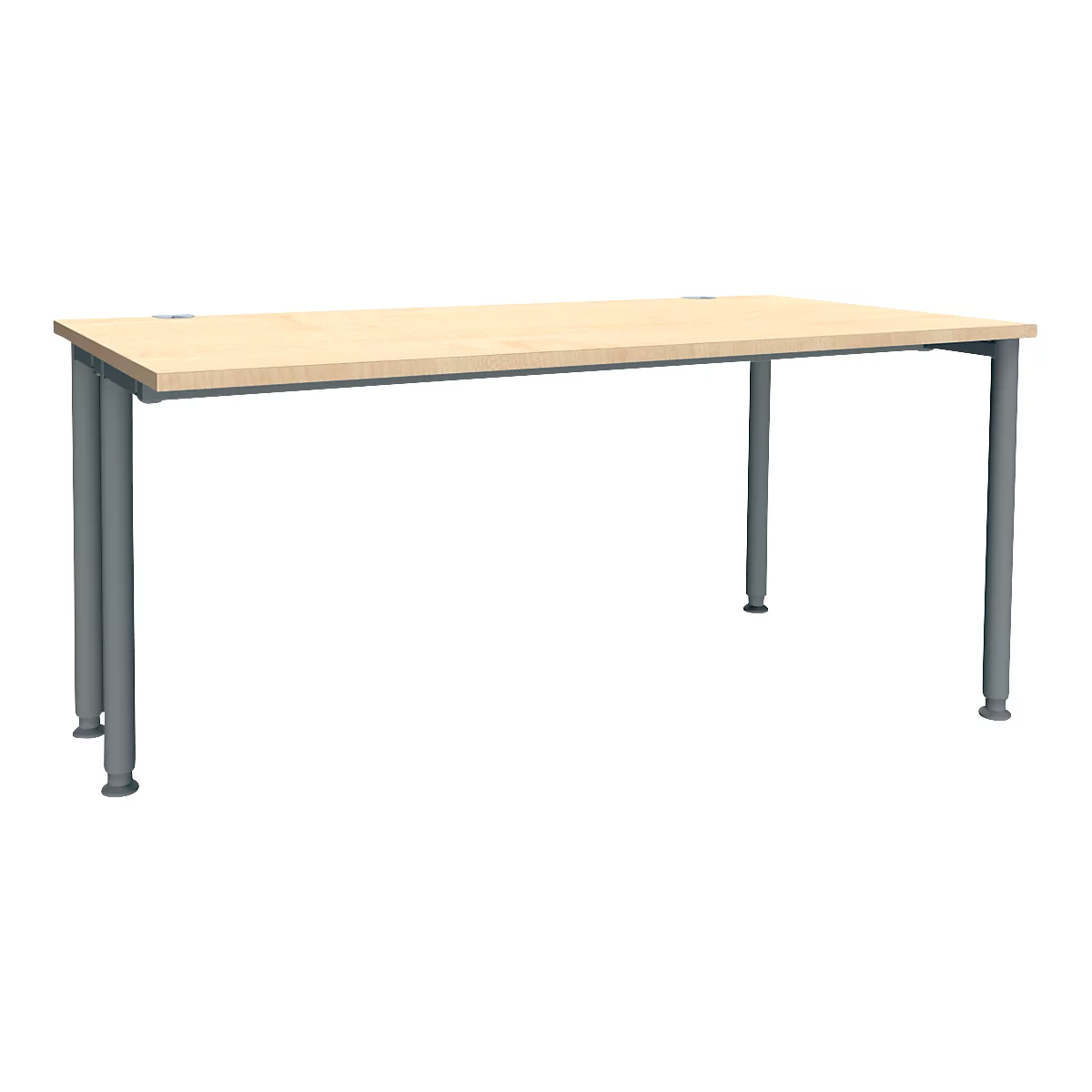 Beige Schreibtischplatte mit grauen Beinen, freigestellt.