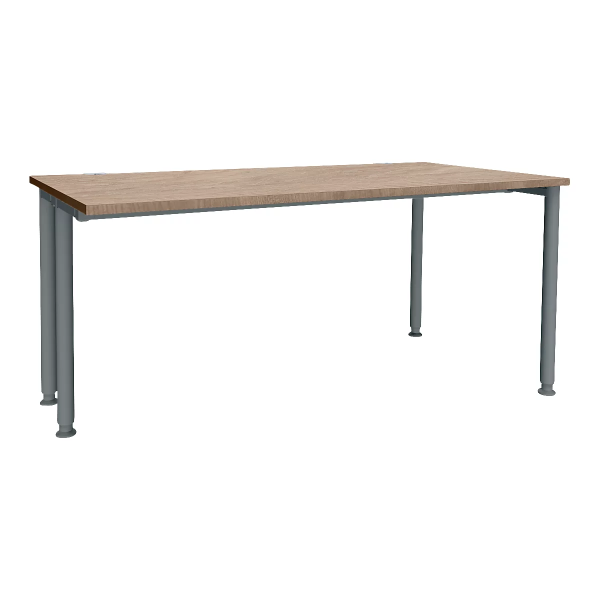 Rechteckiger Tisch mit Holzplatte und grauen Beinen. Die Tischplatte hat eine Holzmaserung.