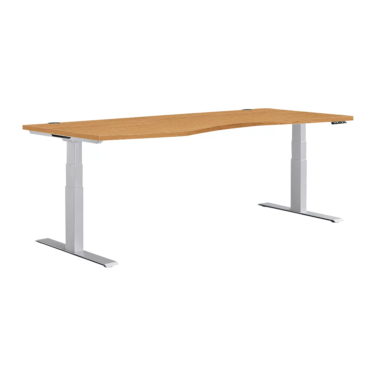 Hellbrauner, ergonomischer Schreibtisch mit höhenverstellbaren, grauen Beinen auf weissem Hintergrund.