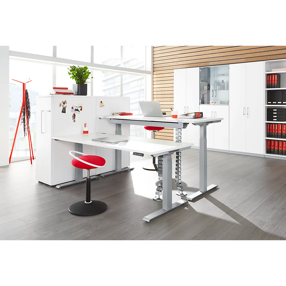 Schäfer Shop Genius Schreibtisch MODENA FLEX, elektrisch höhenverstellbar, Rechteck, T-Fuß, B 1800 x T 800 x H 645-1290 mm, weiß/weißalu