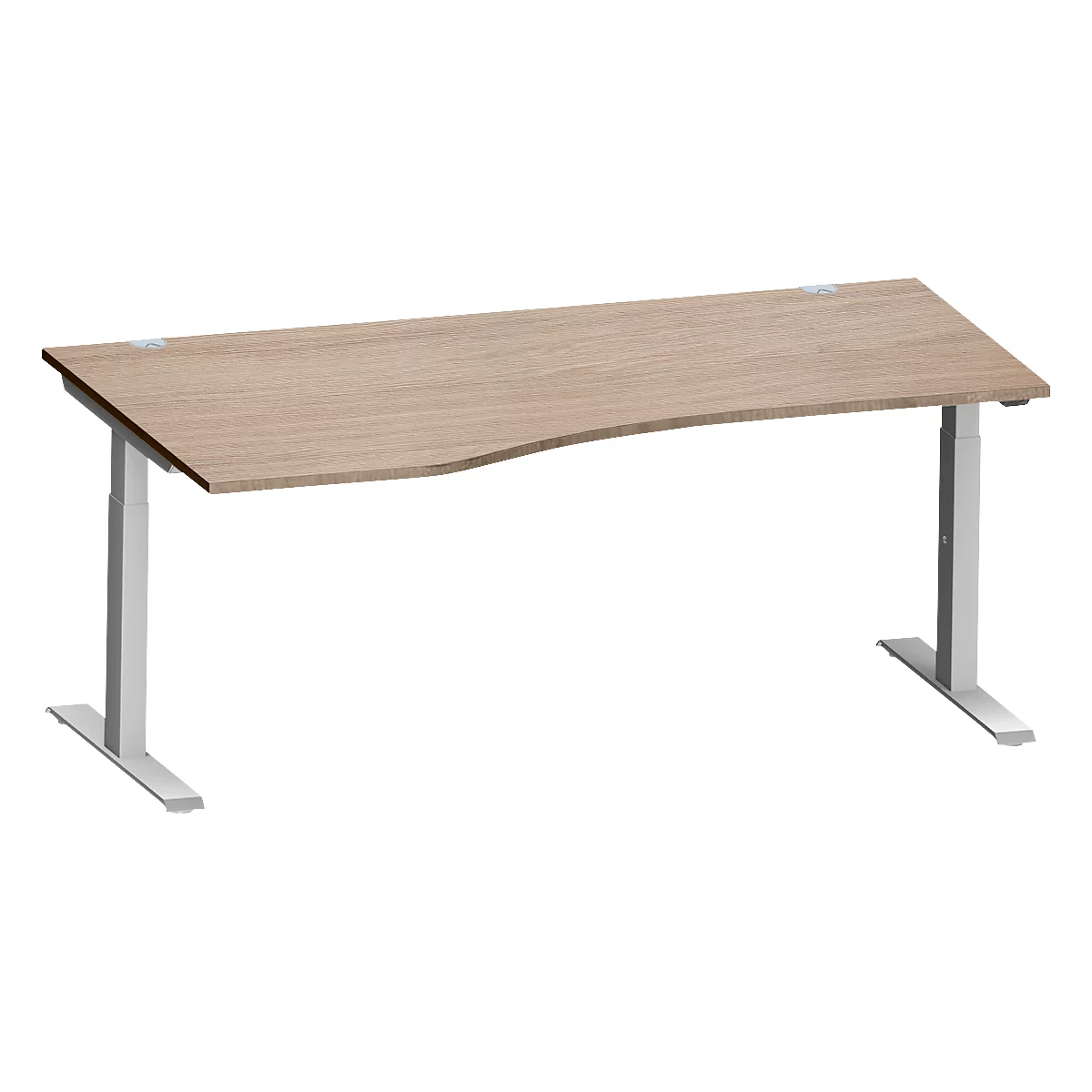 Schäfer Shop Genius Schreibtisch MODENA FLEX, Freiform links, T-Fuß Rechteckrohr, B 1800 x T 1000/800 x H 650-850 mm, Eiche/weißalu