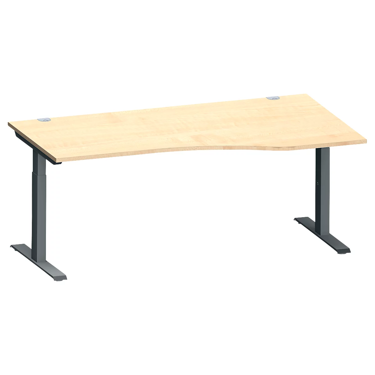 Schäfer Shop Genius Schreibtisch MODENA FLEX, Freiform rechts, T-Fuß Rechteckrohr, B 1800 x T 1000/800 x H 650-850 mm, Ahorn/anthrazit