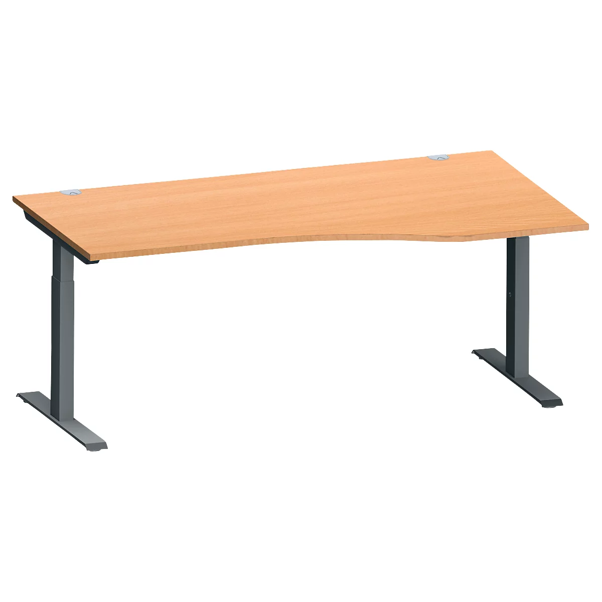Schäfer Shop Genius Schreibtisch MODENA FLEX, Freiform rechts, T-Fuß Rechteckrohr, B 1800 x T 1000/800 x H 650-850 mm, Buche/anthrazit