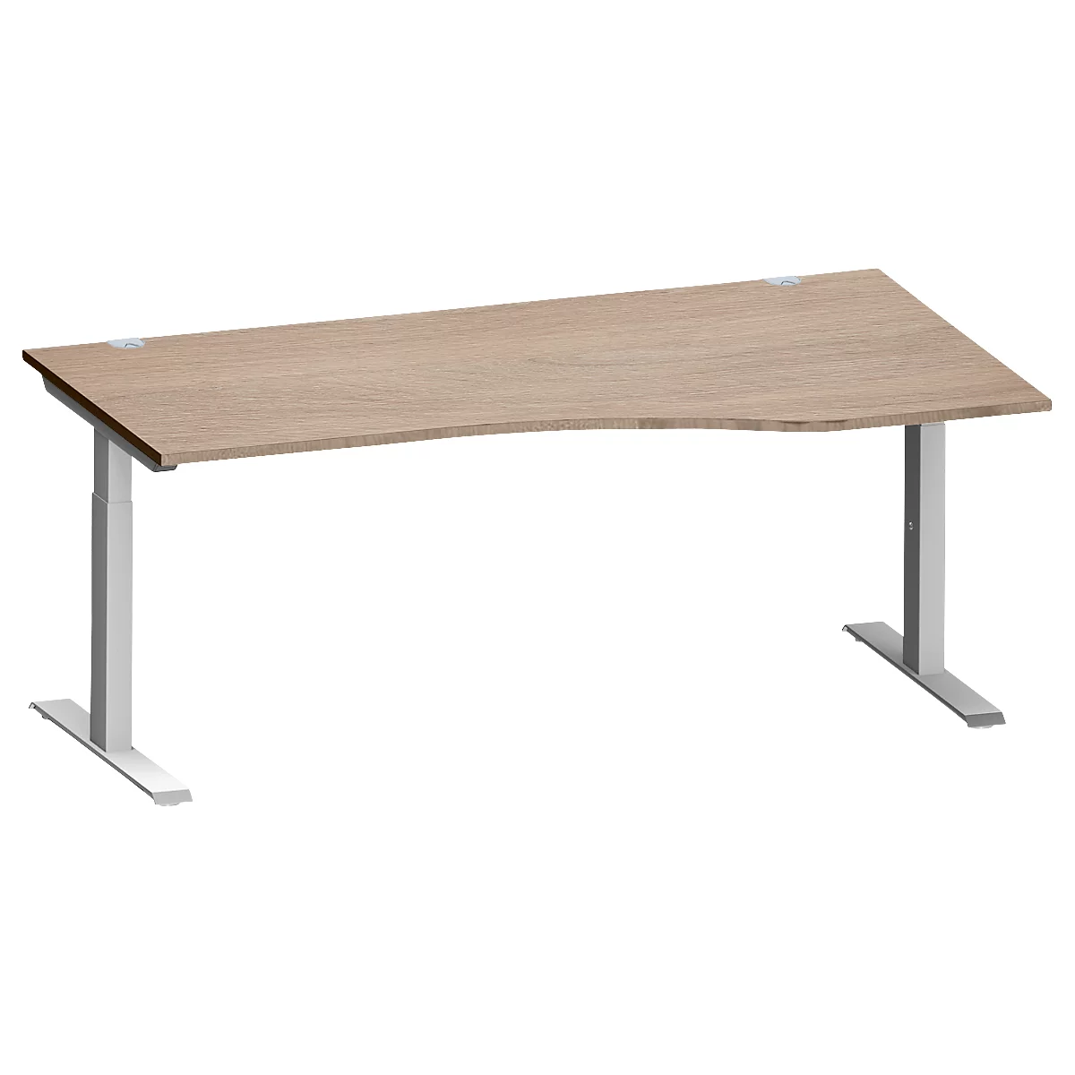 Schäfer Shop Genius Schreibtisch MODENA FLEX, Freiform rechts, T-Fuß Rechteckrohr, B 1800 x T 1000/800 x H 650-850 mm, Eiche/weißalu