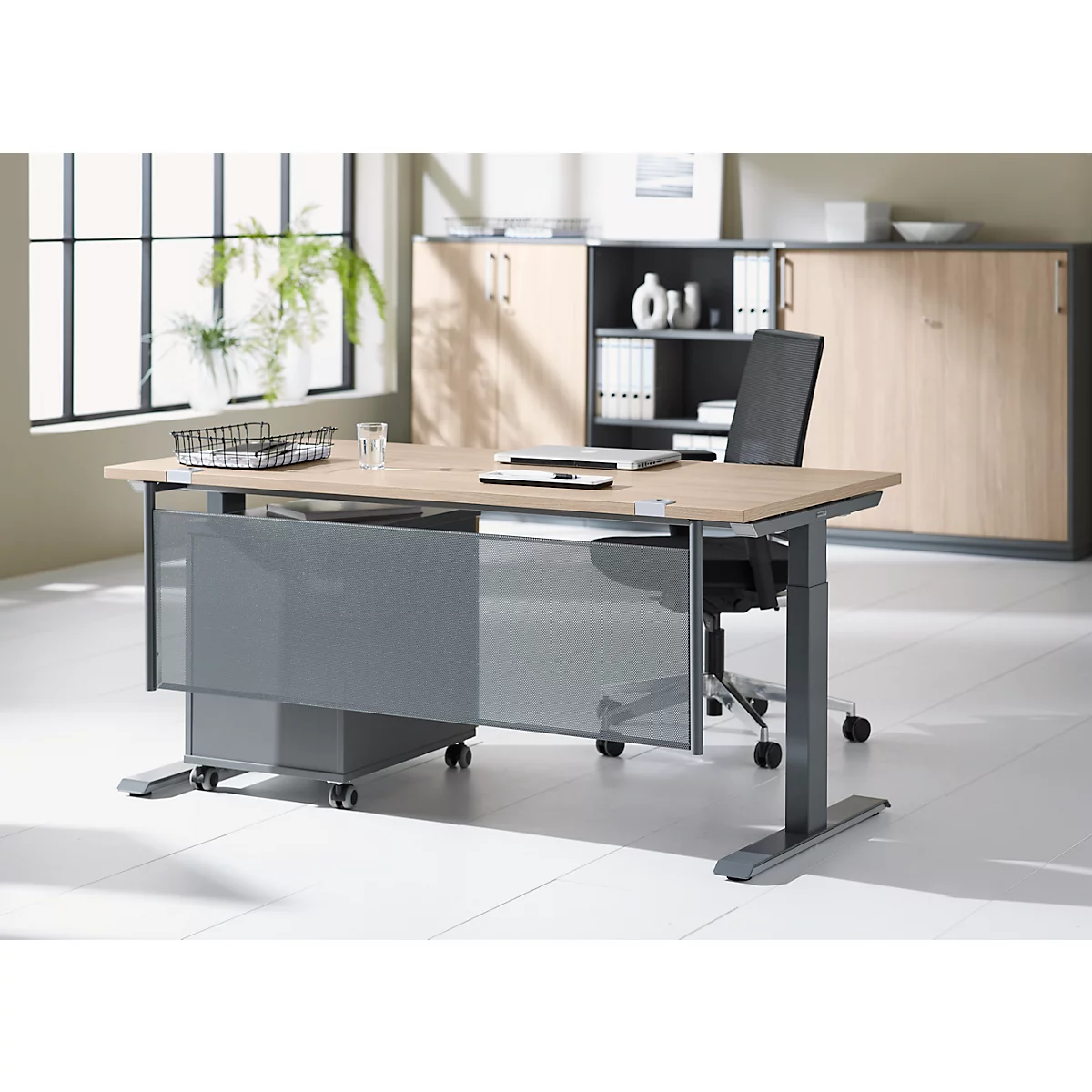 Schäfer Shop Genius Schreibtisch MODENA FLEX, Rechteck, T-Fuß Rechteckrohr, B 1600 x T 800 x H 650-850 mm, Eiche/anthrazit