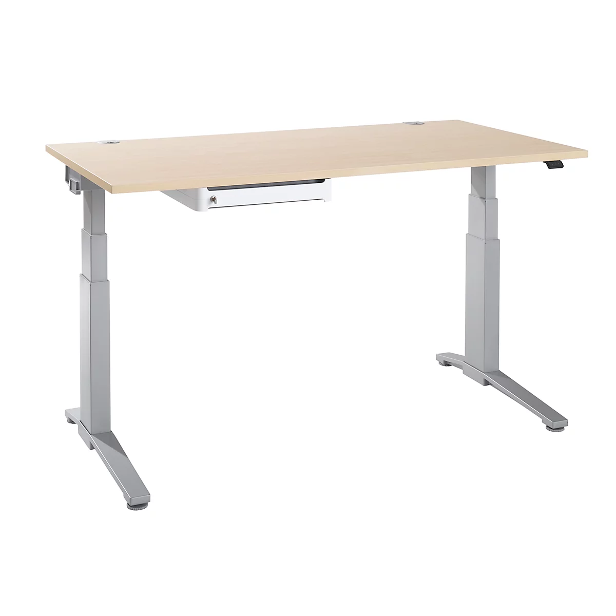 Heller, höhenverstellbarer Schreibtisch mit weißem Fach und silbernen Beinen.