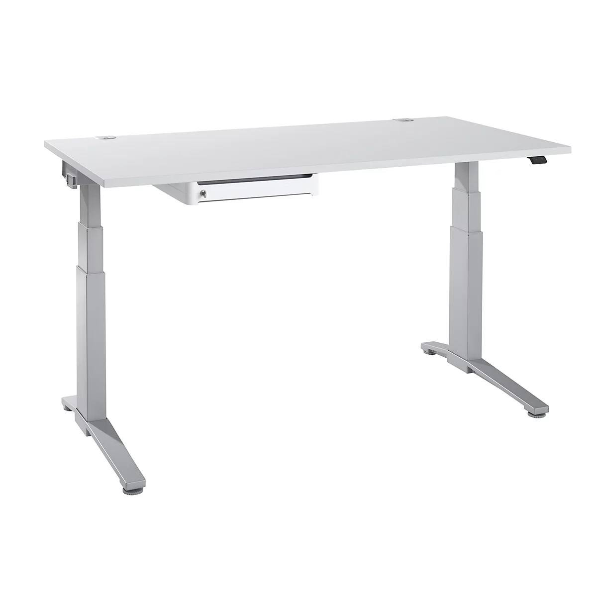 Ein weißer, höhenverstellbarer Schreibtisch vor weißem Hintergrund. Der Schreibtisch hat eine Schublade und Metallbeine.