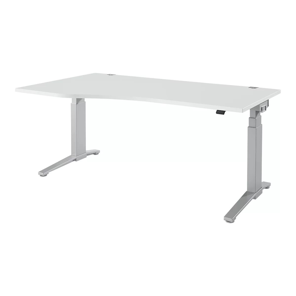 Ein weißer, höhenverstellbarer Schreibtisch mit hellgrauen Beinen. Die Tischplatte ist leicht gebogen.
