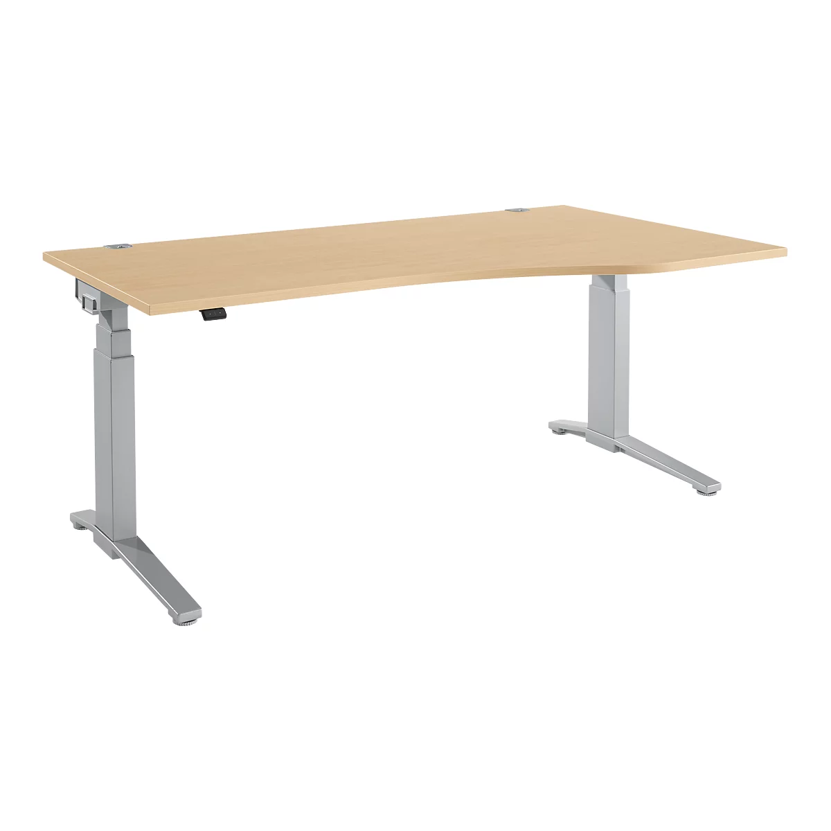 Beige Schreibtischplatte mit silbernen höhenverstellbaren Beinen. Kurvige Form, leicht schräg von der Seite.