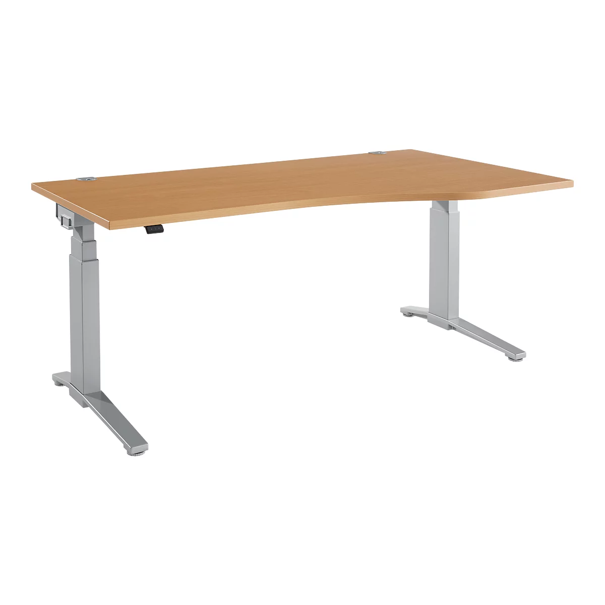 Ein ergonomischer Schreibtisch mit hellem Holz-Tischplatte und grauem Metallgestell.