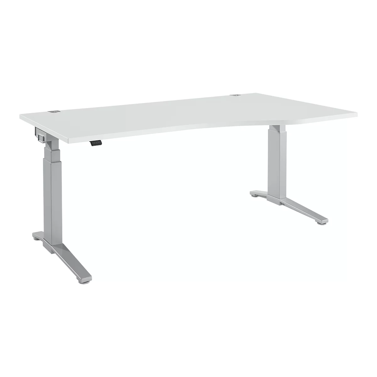 Weißer, höhenverstellbarer Schreibtisch mit silberfarbenem Gestell. Die Tischplatte ist leicht gebogen.