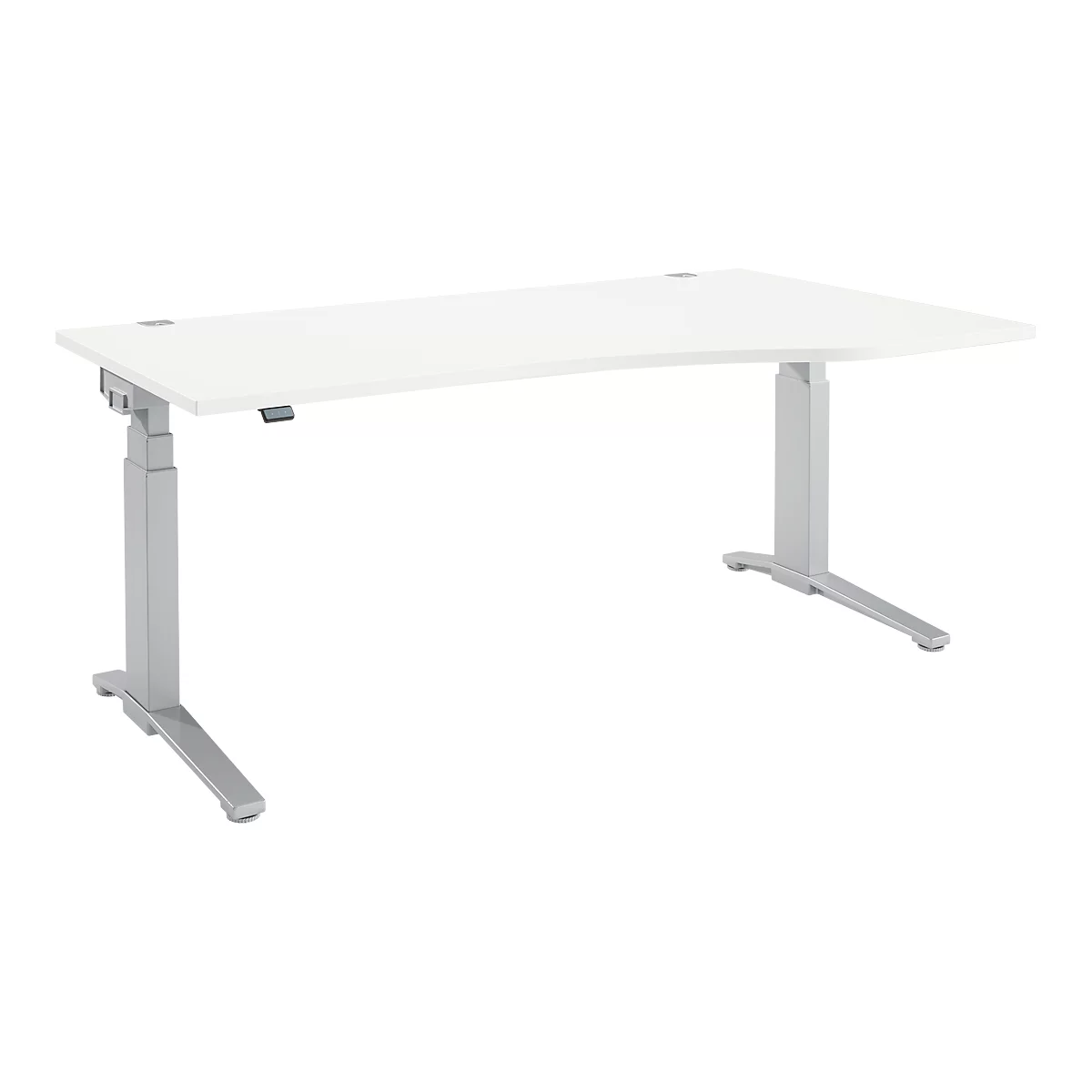 Weißer, höhenverstellbarer Schreibtisch auf grauem Metallgestell. Abgerundete Tischplatte. Eine Seite mit Bedienelement.