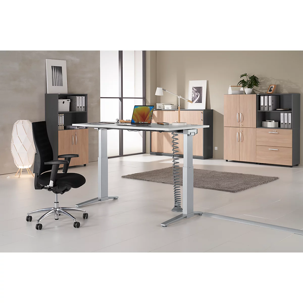 Schäfer Shop Genius Schreibtisch PLANOVA ERGOSTYLE, elektrisch höhenverstellbar, Rechteck, C-Fuß, B 1600 mm, lichtgrau/weißalu 