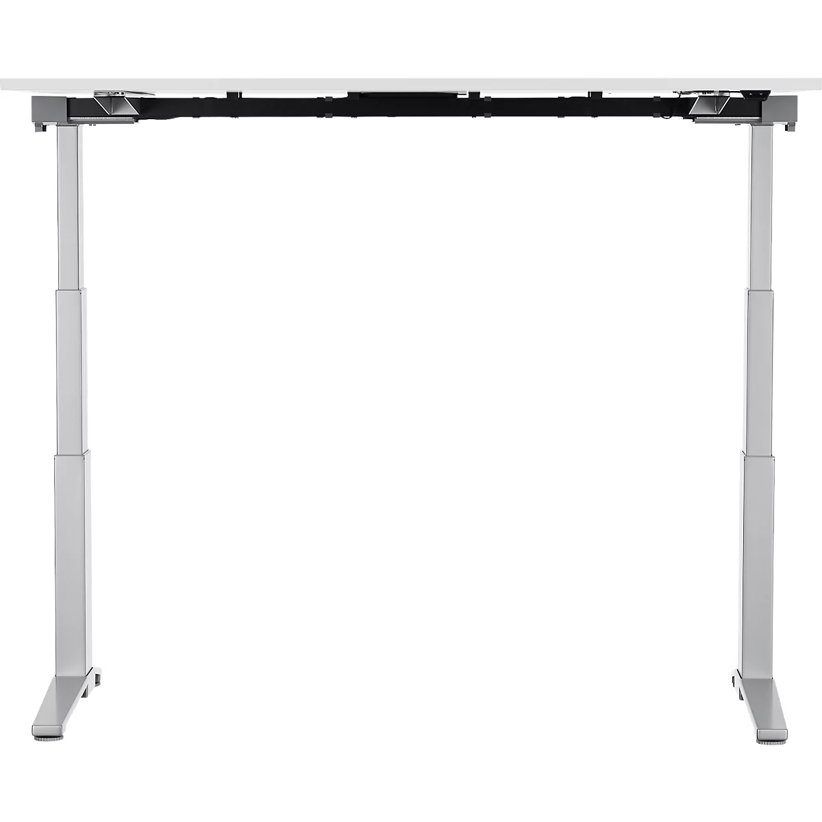 Höhenverstellbarer Schreibtisch, graue Beine, weiße Tischplatte, schwarze Konstruktion.