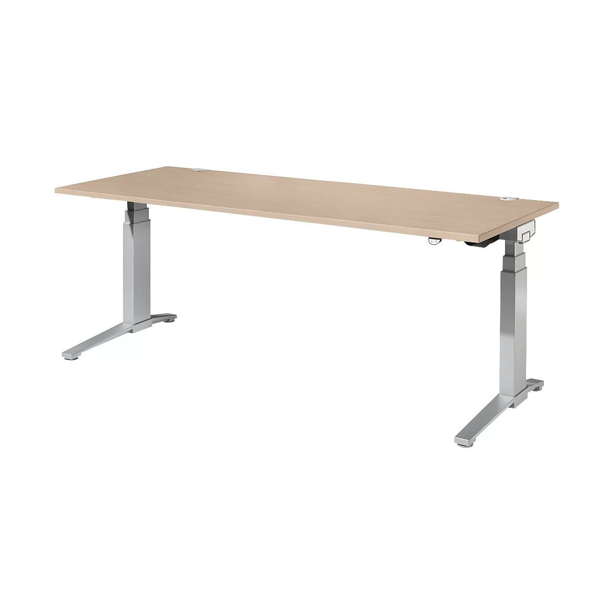 Ein höhenverstellbarer Schreibtisch in Holzoptik mit silbernen Beinen.